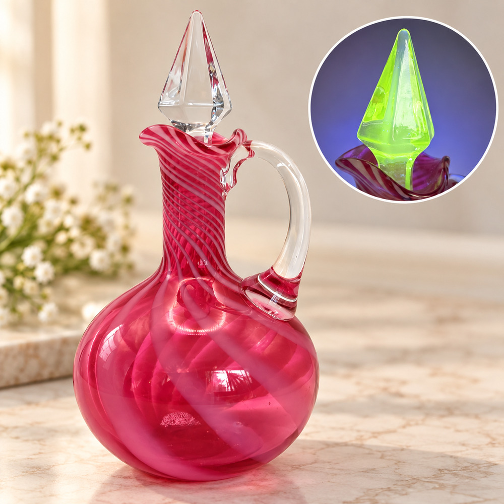 Vintage Cranberry Pink Optic Swirl Mini Pitcher Clear Handle 5.25” Art Glass